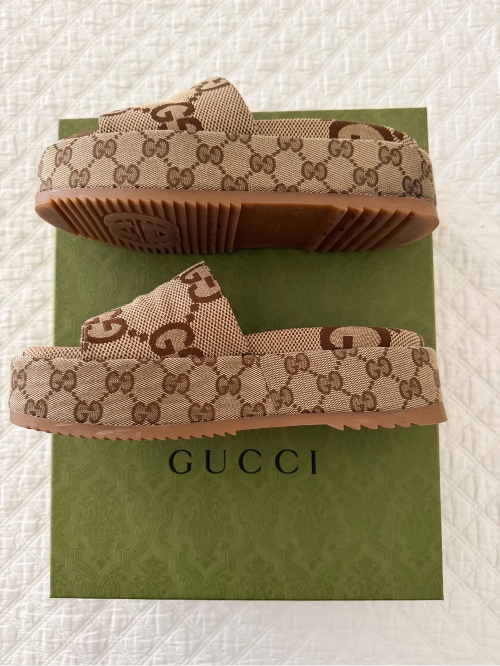 Gucci Brown Beige Logo Platform Slide Sandals - Picture 5 of 13
